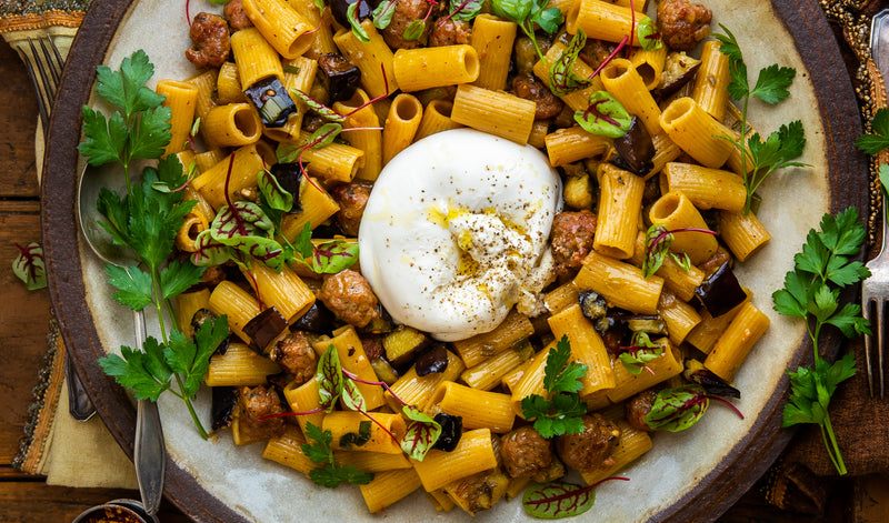 Recipe: Rigatoni with Sausage, Eggplant, & Burrata